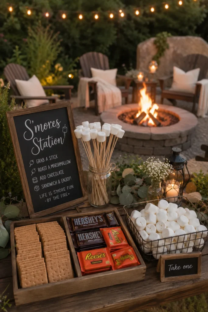 An outdoor s'mores station near a fire pit with graham crackers, chocolate bars, and marshmallows on skewers for roasting