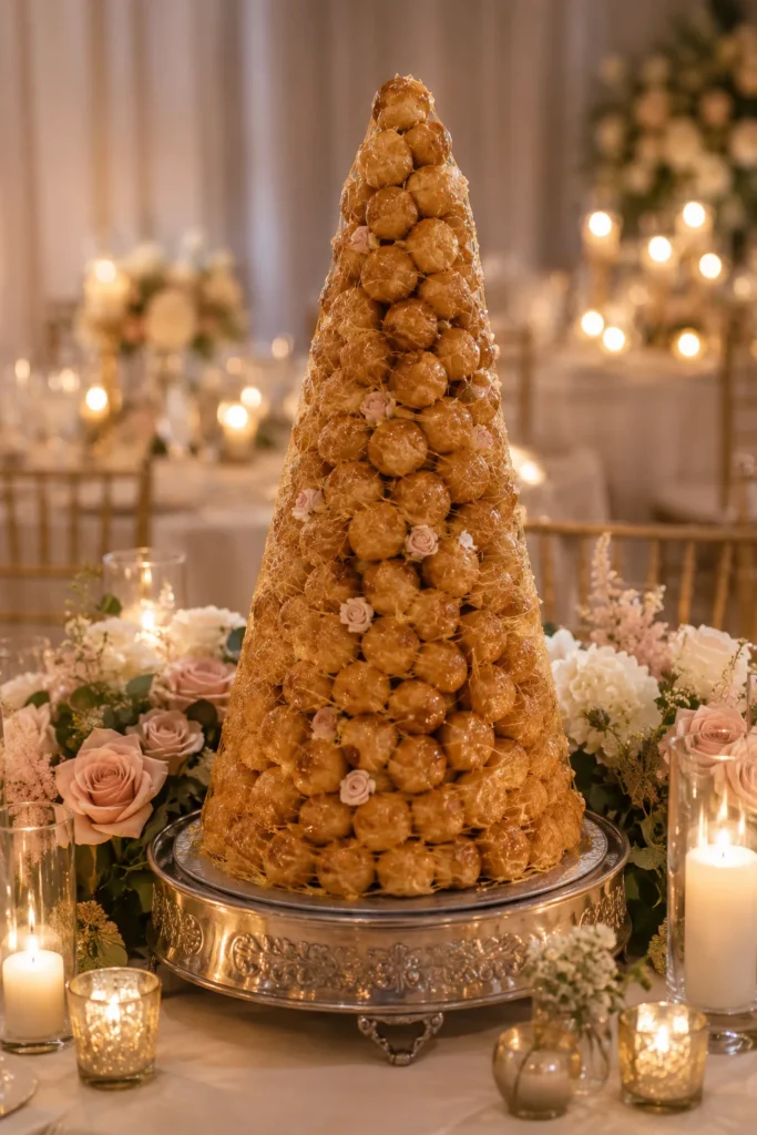 A tall cone-shaped tower of cream puffs bound together with spun caramel threads, standing as the reception centerpiece