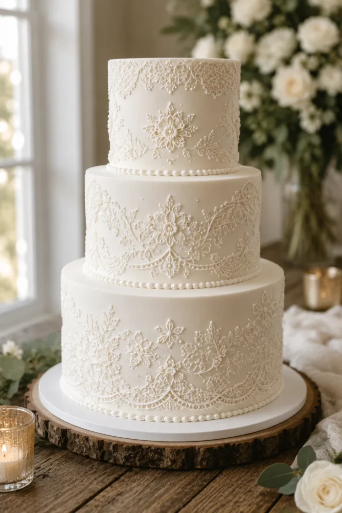 A white buttercream cake with intricate hand-piped lace detail wrapping around each tier.