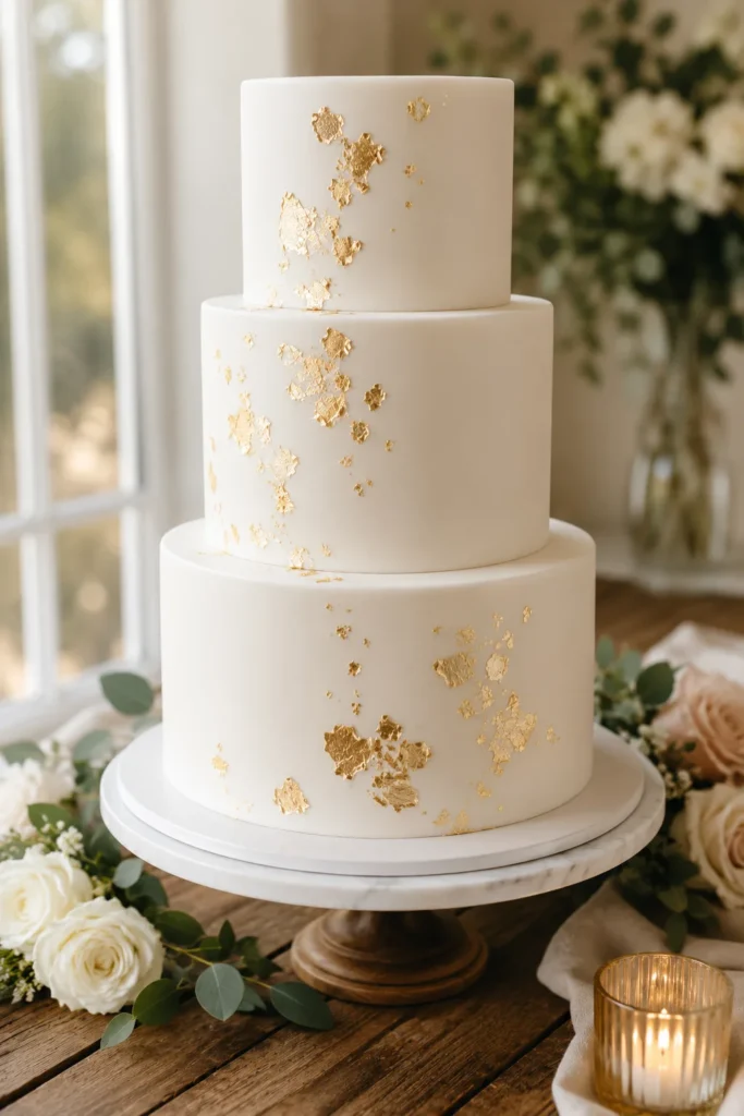 A three-tier fondant cake with a flawless matte finish and scattered gold leaf flakes catching the light.
