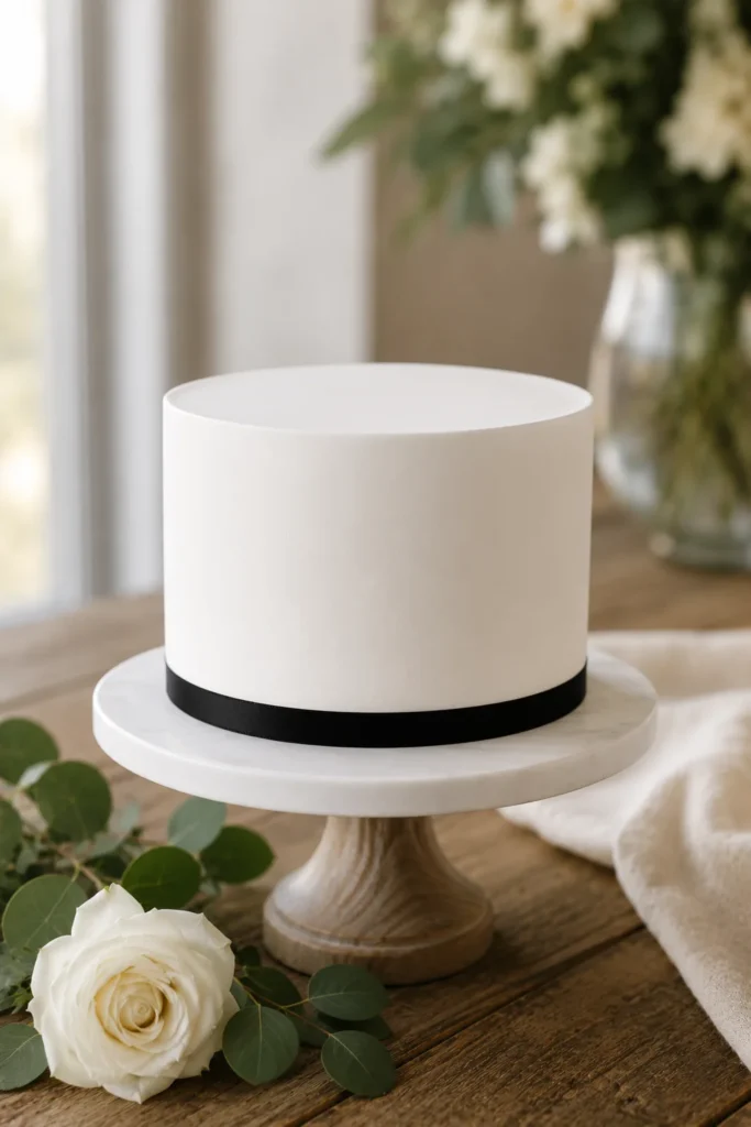  A small single-tier white cake with a clean matte finish and one thin black ribbon around the base.