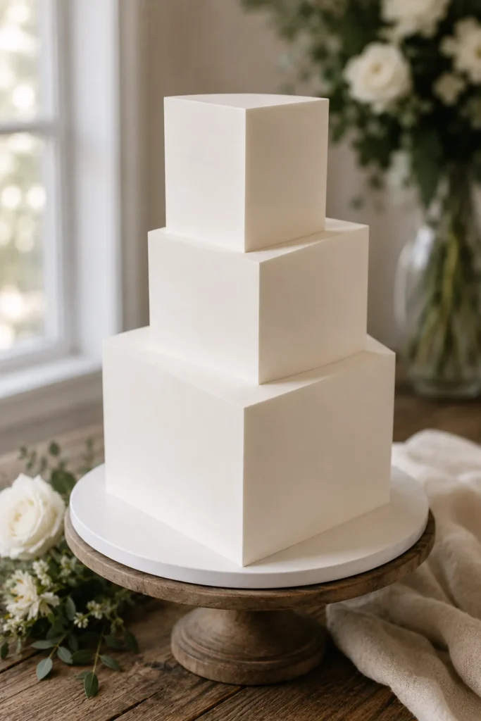  A white cake with offset, angular tiers and one exposed sharp edge instead of a rounded finish.]
