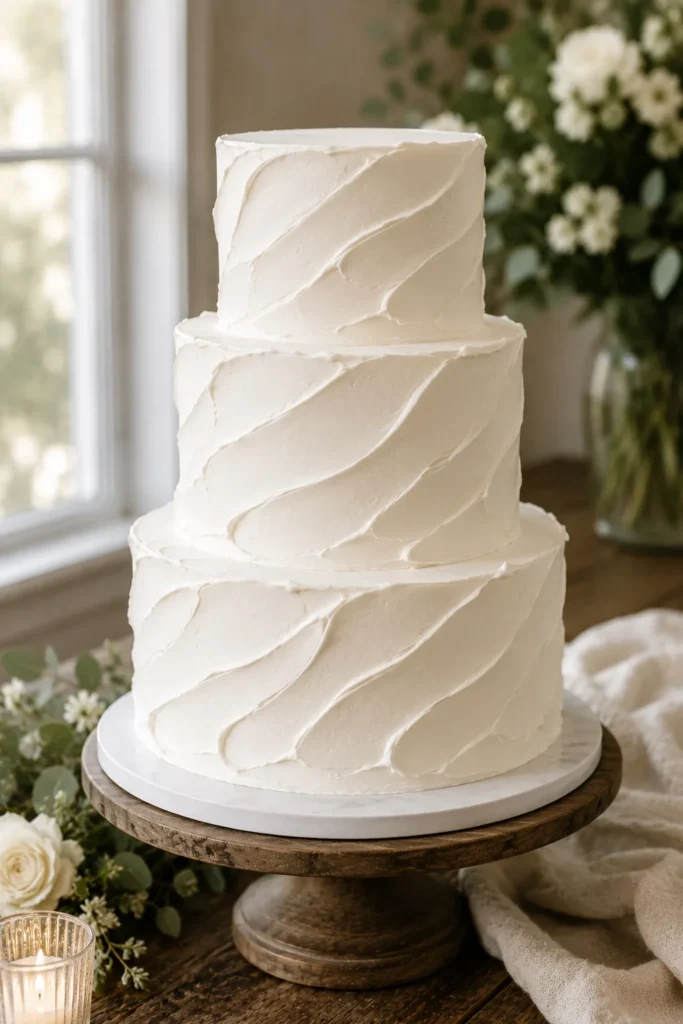 A white buttercream cake with soft, swooping ridges created by a palette knife, giving it a hand-carved, organic look.