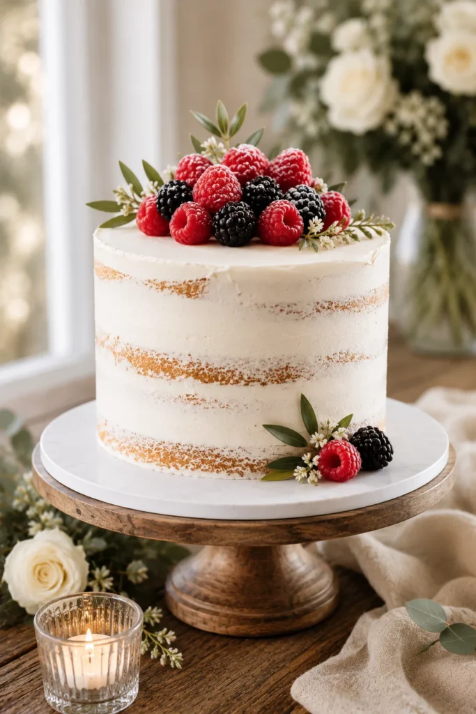 A semi-naked white cake with a thin scraped layer of frosting, topped with fresh raspberries and blackberries