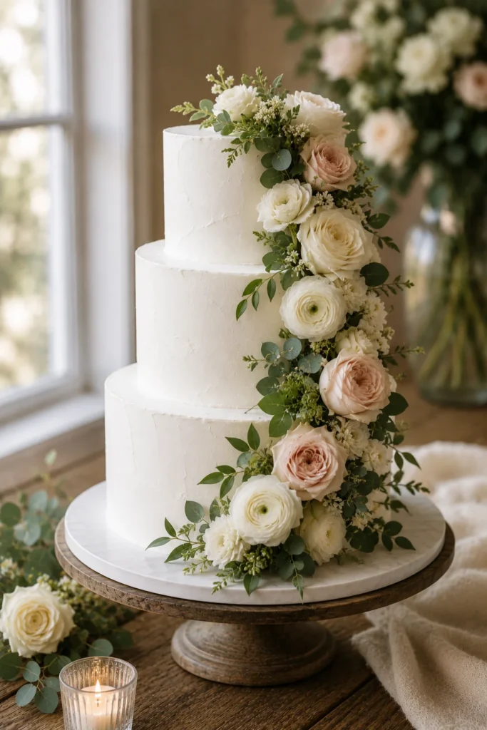 A tiered white wedding cake with soft texture and a fresh flower cascade, styled on a wood table with natural light