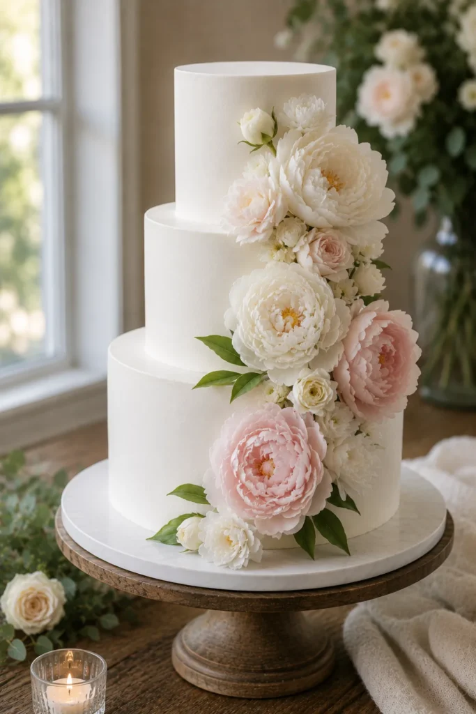 A white cake with a cascade of garden roses, ranunculus, and trailing greenery down one side.