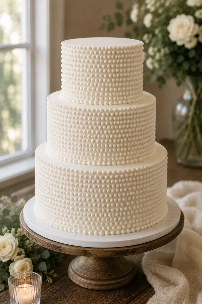 A white cake with rows of small piped buttercream pearls covering each tier like beading on a gown.