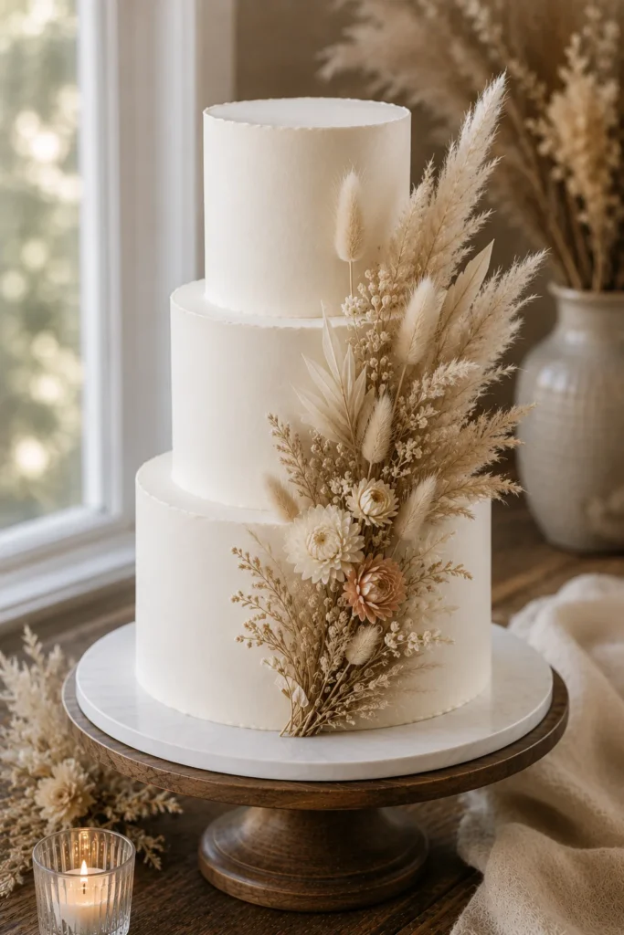 A white cake with dried pampas grass, bunny tail grass, and a few dried florals tucked along one tier