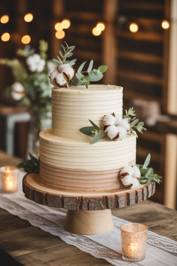 Two-tier ivory wedding cake with fine ribbed buttercream texture, decorated with raw cotton bolls and eucalyptus sprigs, set on a wood slice cake stand with string lights