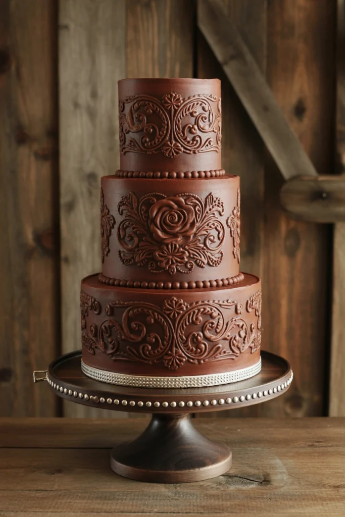 Three-tier deep chocolate brown wedding cake with ornate embossed scrollwork and a carved rose medallion, finished with a rhinestone band and displayed on a dark wood pedestal