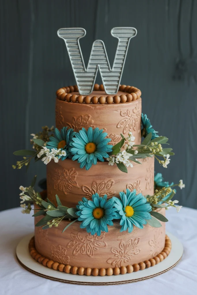 Three-tier terracotta wedding cake with embossed floral lace piping, wood bead trim, and bold turquoise gerbera daisies, topped with a corrugated metal letter W