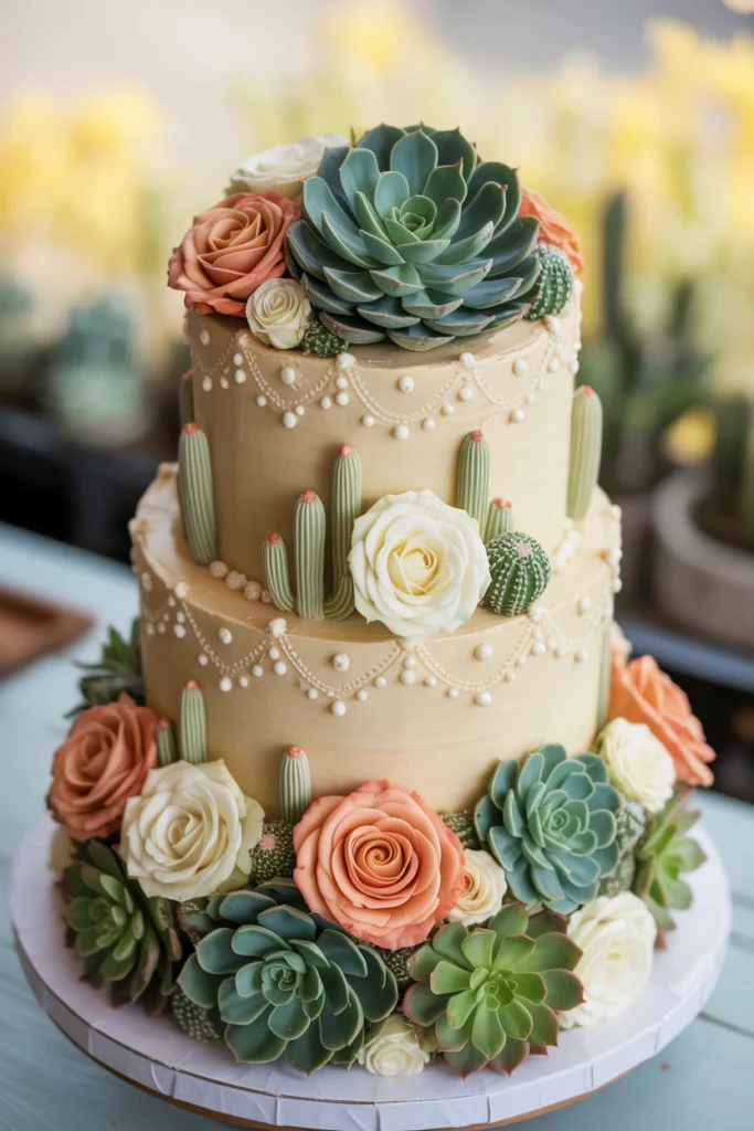Two-tier tan buttercream wedding cake covered in sugar cacti, succulents, and blush and ivory roses, finished with a beaded piped garland