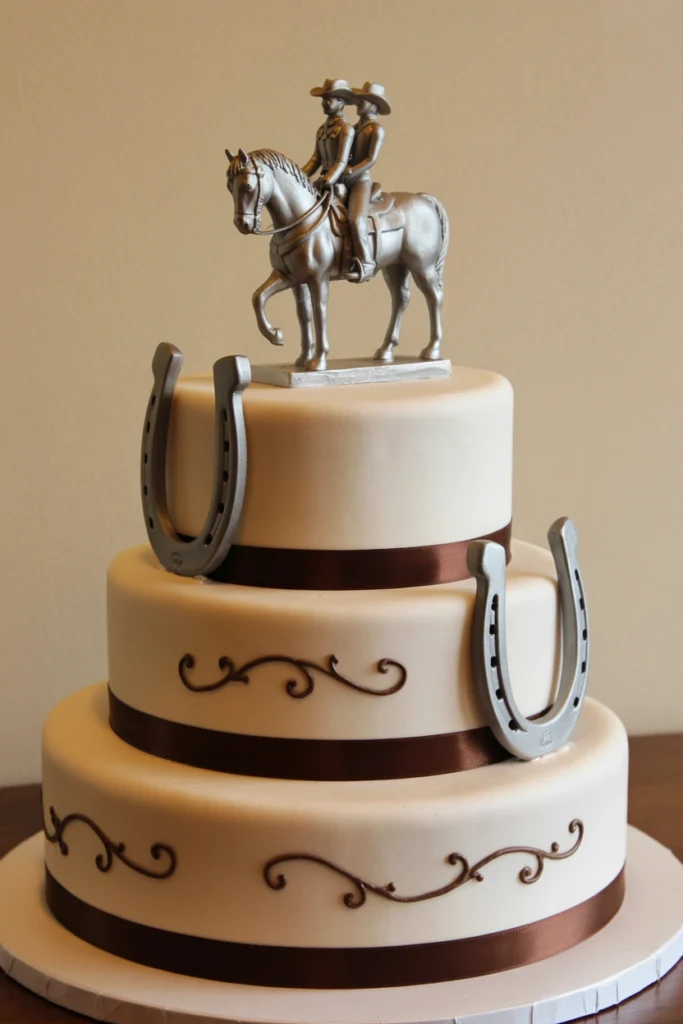 Three-tier ivory fondant wedding cake with brown ribbon bands, piped scrollwork, silver horseshoe accents, and a pewter cowboy-and-cowgirl-on-horseback topper