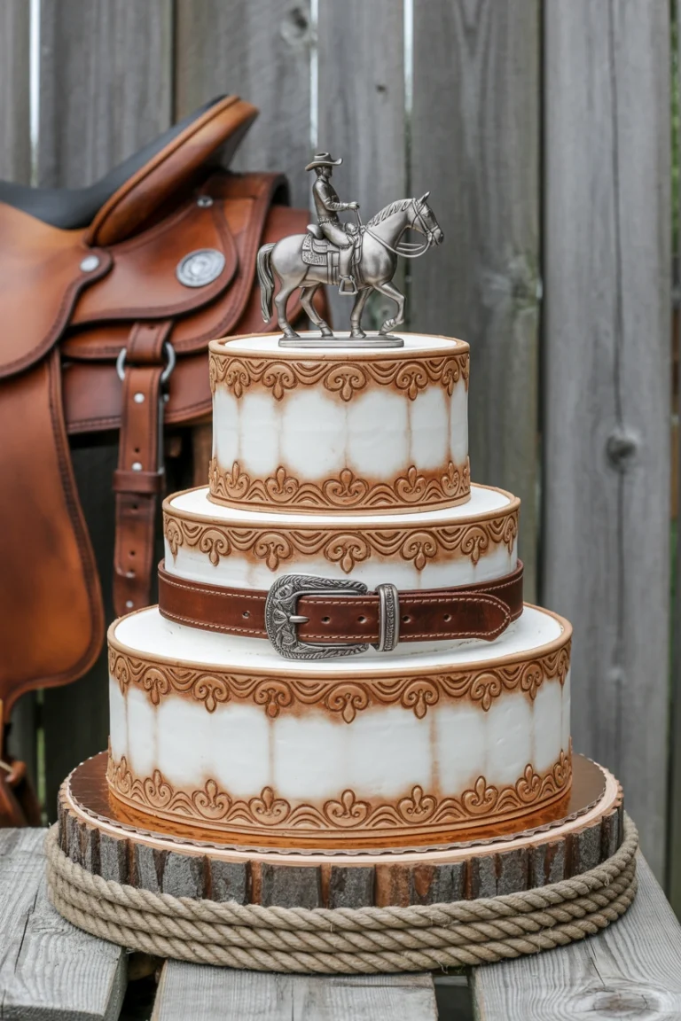 Three-tier Western wedding cake with tooled leather belt band, embossed scrollwork, and a pewter cowboy-on-horseback topper, displayed on a wood slice with rope trim