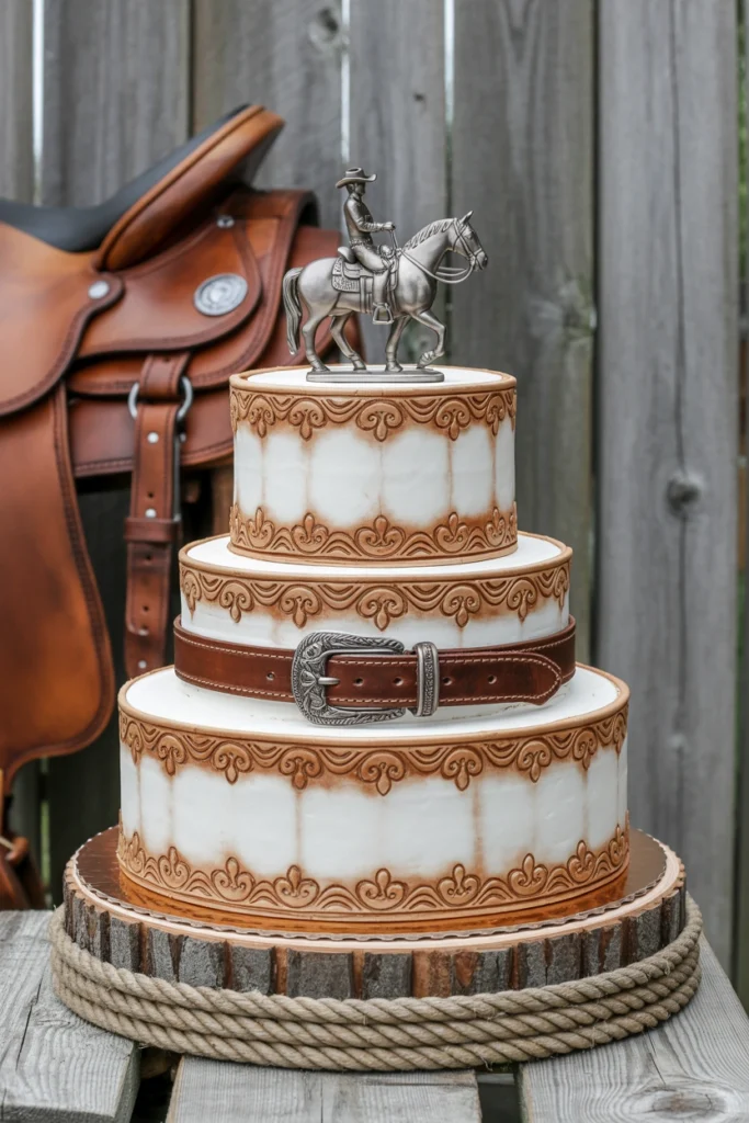 Ivory wedding cake with hand-tooled leather-embossed border and a genuine saddle belt wrapped around the middle tier, topped with a pewter cowboy and horse figurine