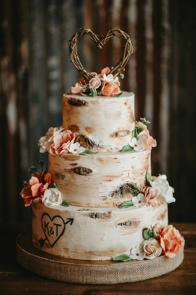 Three-tier wedding cake textured to look like white birch bark, decorated with peach and ivory sugar flowers and a carved grapevine heart topper with the couple's initials