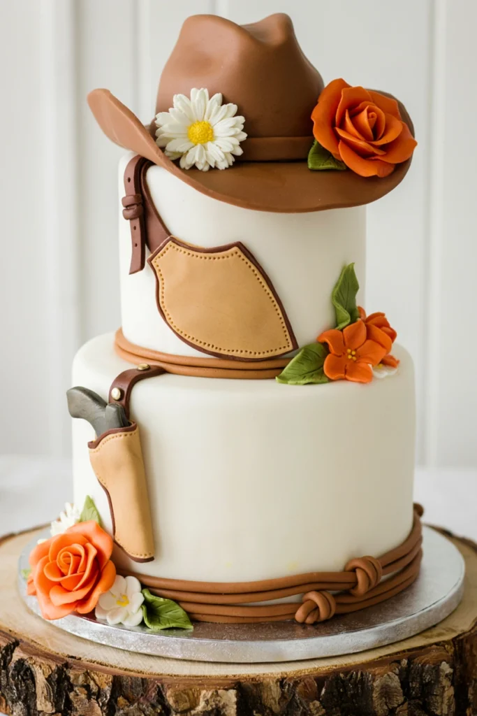 Two-tier white fondant wedding cake topped with a fondant cowboy hat, sculpted leather holster, coiled lasso rope trim, and orange and white sugar flowers
