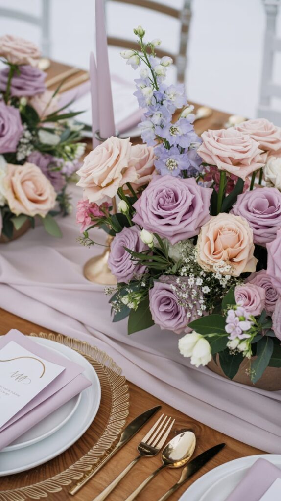 Elegant mauve and peach spring wedding table decor featuring pastel roses, lavender taper candles, and gold flatware on a wooden table with lilac linens.