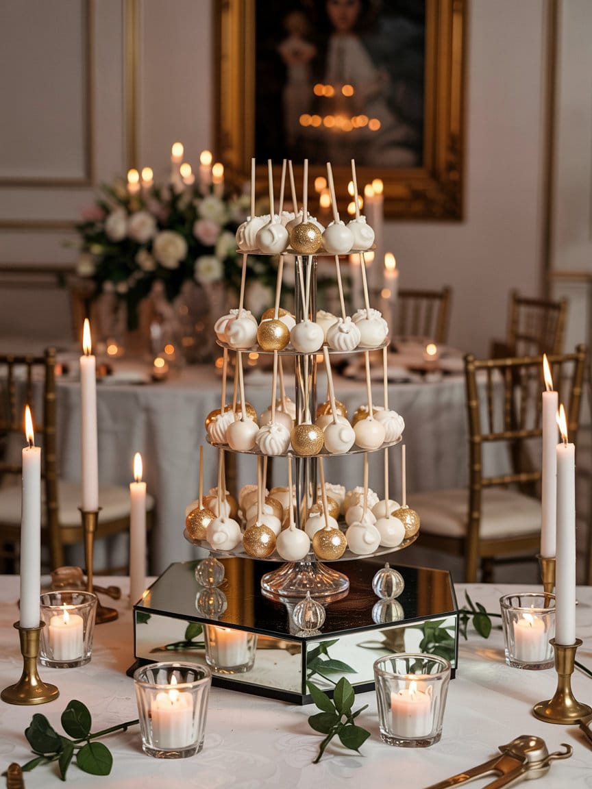 Tiered gold and white wedding cake pop tower displayed on a mirrored stand surrounded by candlelight
