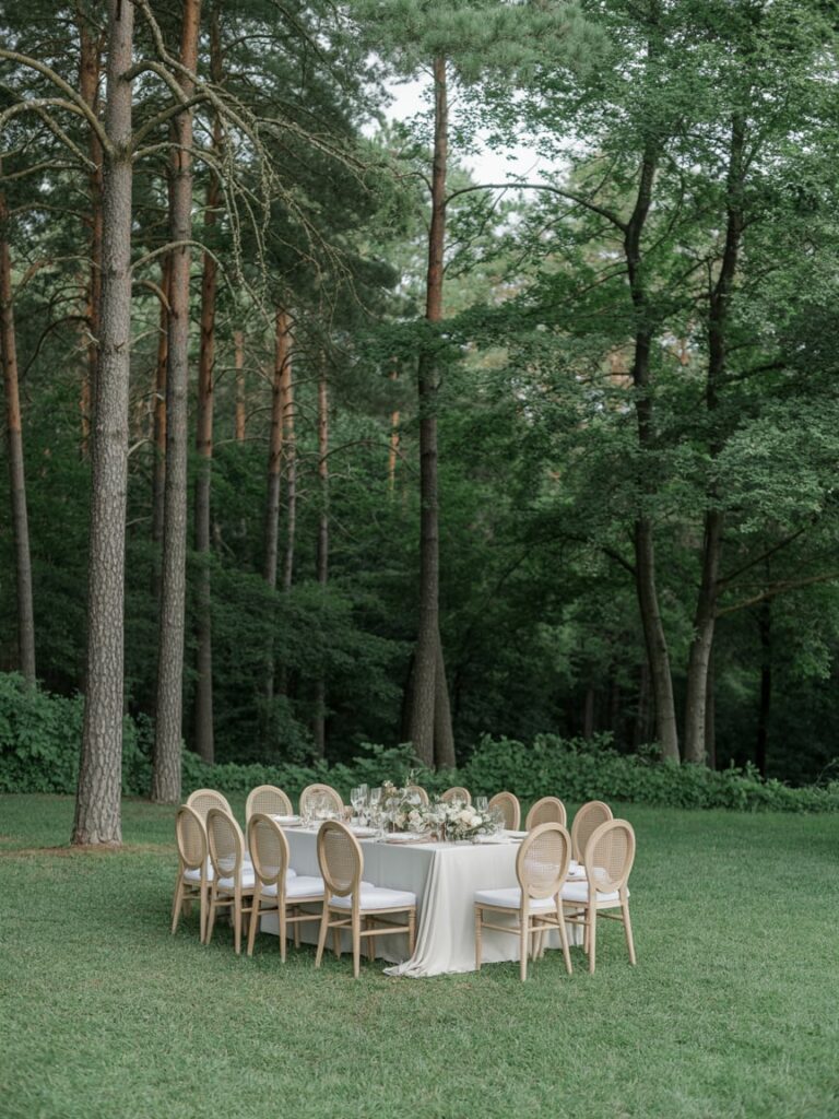 Secluded forest wedding venue with a natural clearing surrounded by tall trees, soft morning light, minimal setup, elegant and serene outdoor wedding location, refined woodland aesthetic, high-end wedding magazine style photography