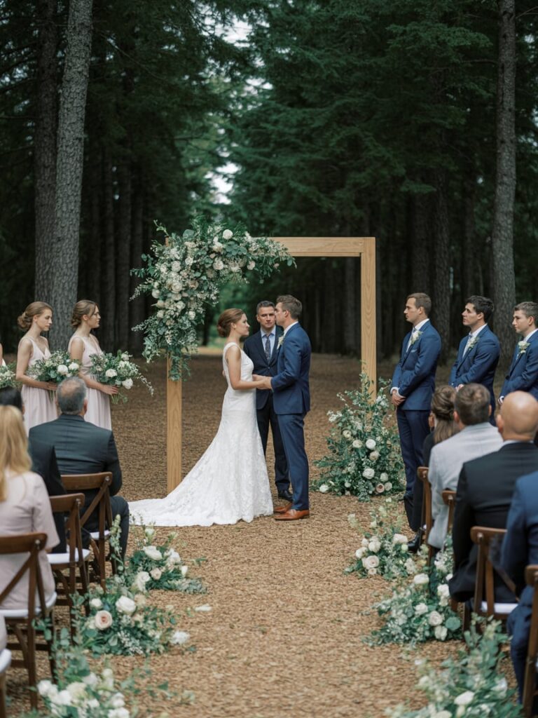 Minimalist forest wedding ceremony with a simple wooden arch adorned with loose greenery, natural aisle lined with subtle florals, forest backdrop, romantic and refined styling, cinematic natural light, luxury wedding editorial photography