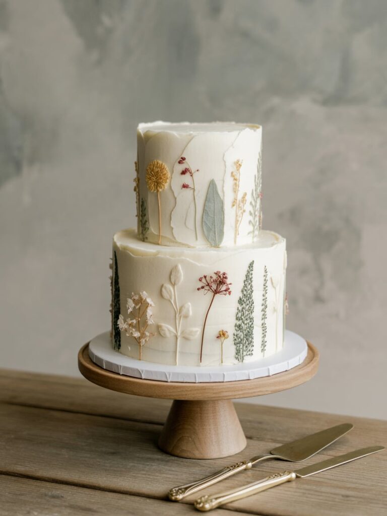 Botanical forest wedding cake with textured buttercream, pressed flowers and subtle greenery, neutral tones, elegant dessert styling, soft natural light, refined wedding editorial photography