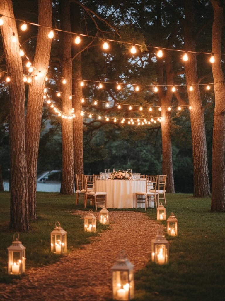 Enchanted forest wedding lighting with café string lights woven between trees, glowing lanterns, candlelit pathways, warm golden-hour ambiance, magical yet refined atmosphere, cinematic wedding magazine photography