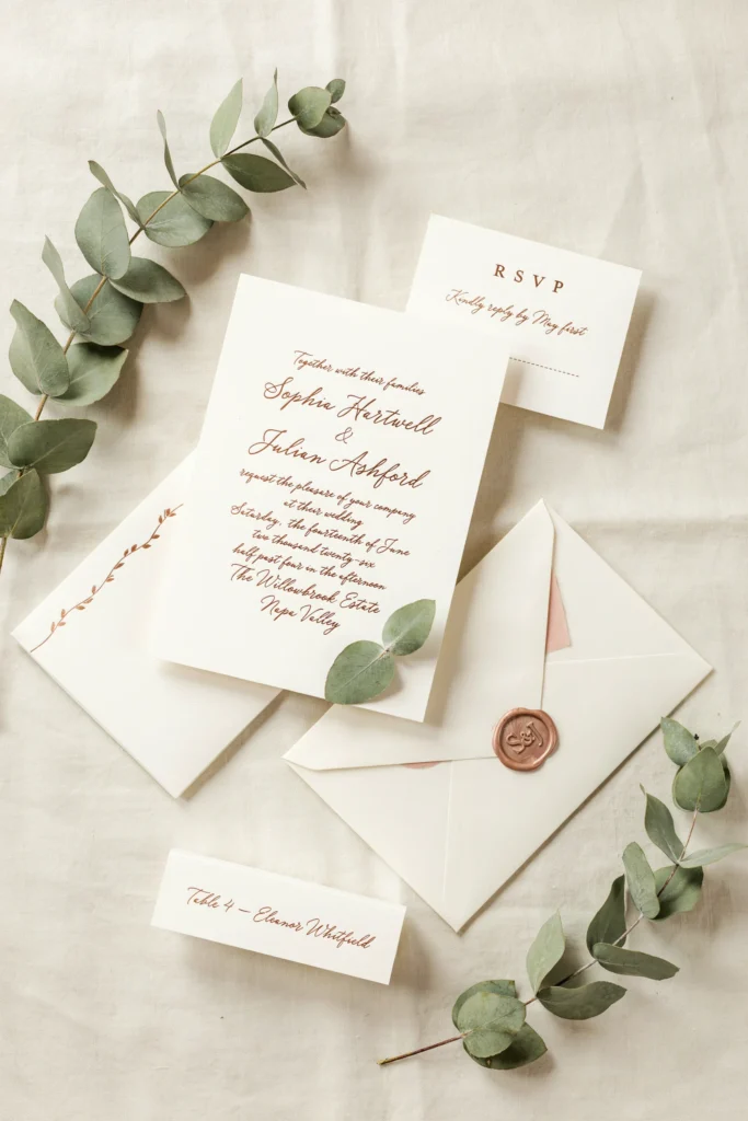 An elegant stationery flat lay featuring rose gold foil-printed invitations on cream card stock, with a blush envelope liner, dusty pink wax seal, and sprigs of dried eucalyptus