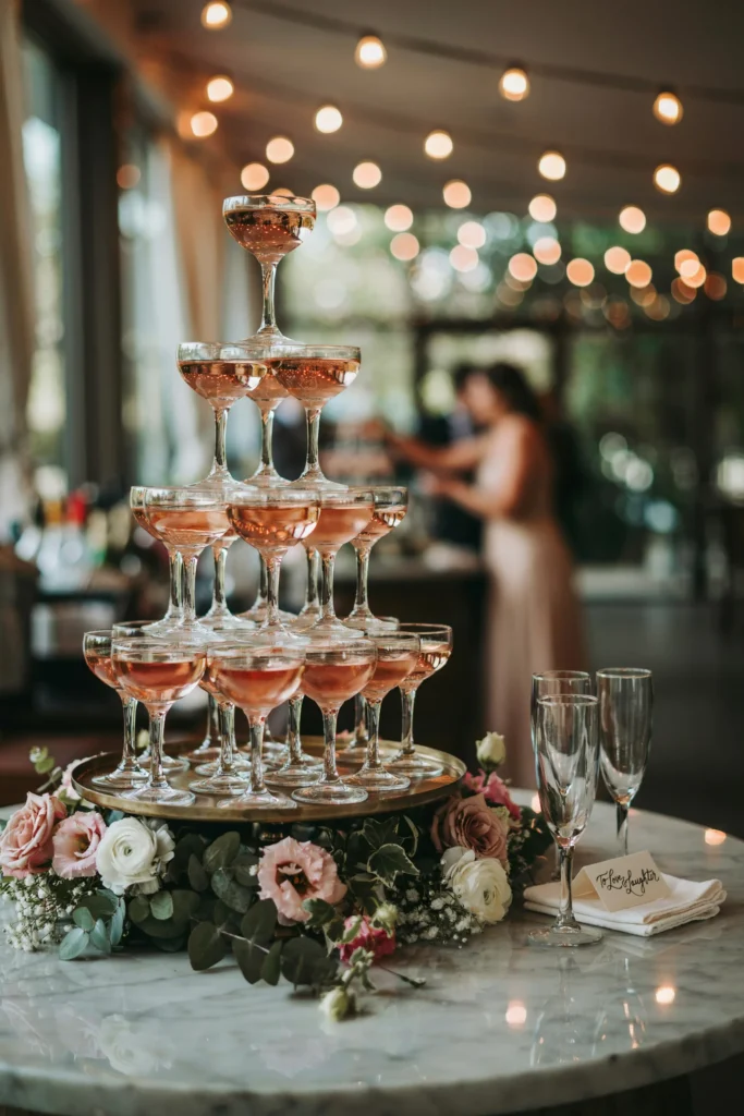 A pyramid of champagne coupes at a reception bar station, glowing with rose-tinted champagne under warm light, with a floral garland draped around the base