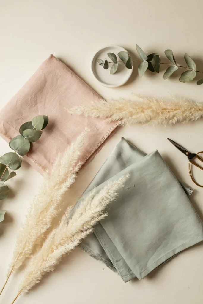 A styled flat lay showing dusty rose and sage green fabric swatches, dried eucalyptus, and pampas grass against a warm cream background