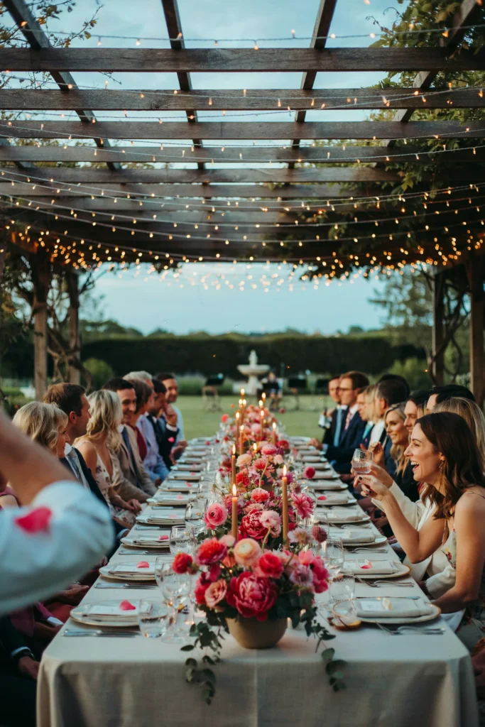 An outdoor evening reception under a pergola strung with warm lights, tables dressed in white with overflowing hot pink floral centerpieces glowing in the warm summer dusk