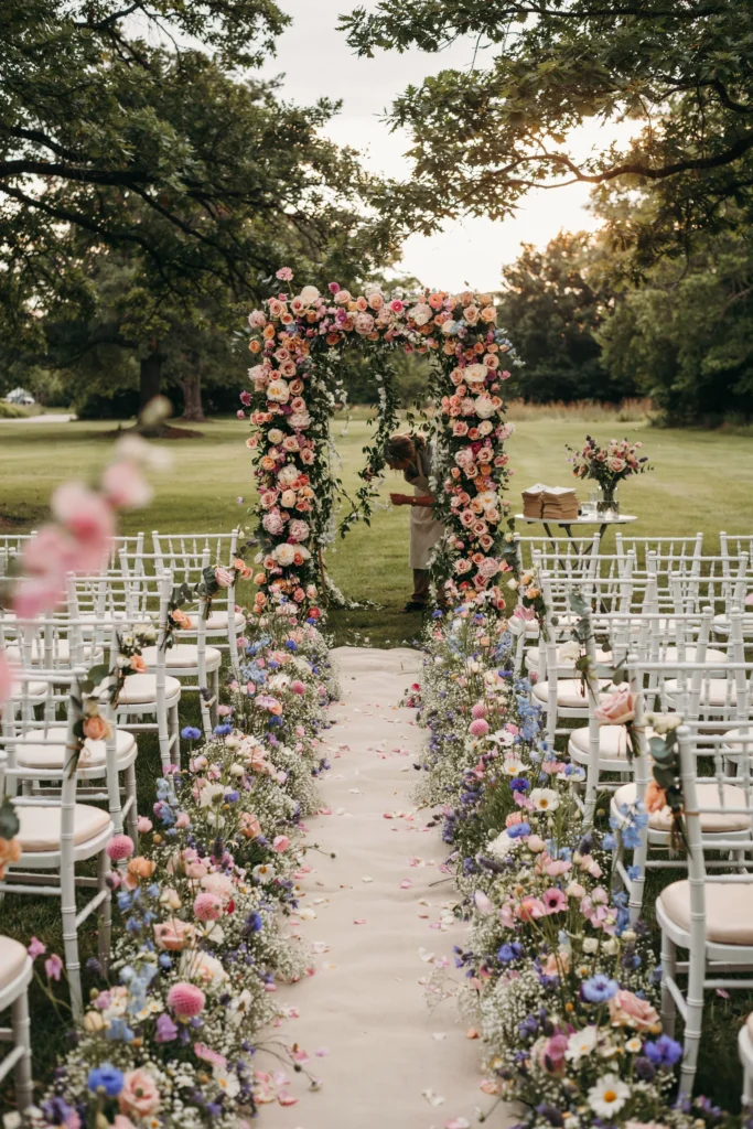  A garden ceremony space with white wooden chairs, a blush floral arch, and a carpet of actual wildflowers along the aisle — soft and abundant and clearly late spring