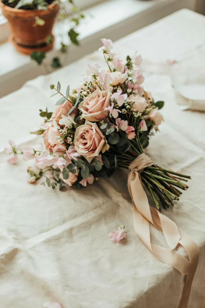 A loose, garden-style bridal bouquet of blush garden roses and sweet peas, wrapped with a long length of blush silk ribbon with the ends left to trail