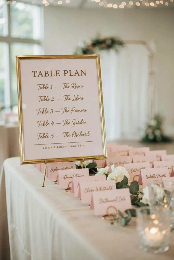 A table plan printed on pink card stock with gold foil lettering, displayed in a gold frame, with small pink paper escort cards arranged in rows below it