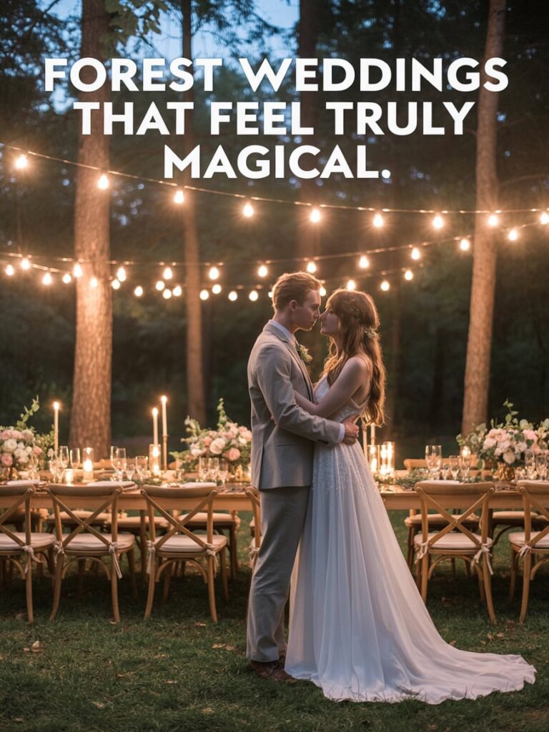 Dreamy forest wedding inspiration with glowing string lights, romantic outdoor reception among trees, elevated natural styling, soft golden-hour light, luxury wedding editorial photography.Text on image: Forest Weddings That Feel Truly Magical
