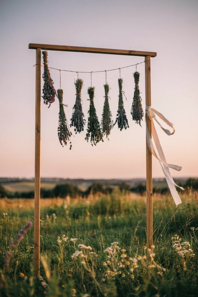 A minimalist wooden arch with loose bundles of dried lavender hanging vertically at varying lengths