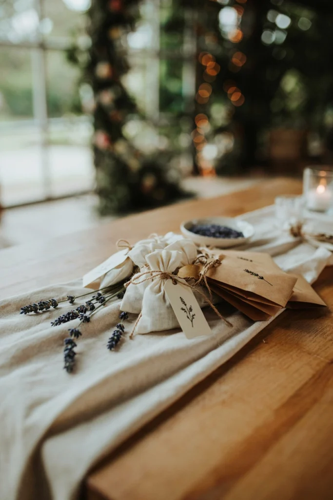 Small muslin sachets filled with dried lavender buds and kraft-paper seed packets arranged on a favor table