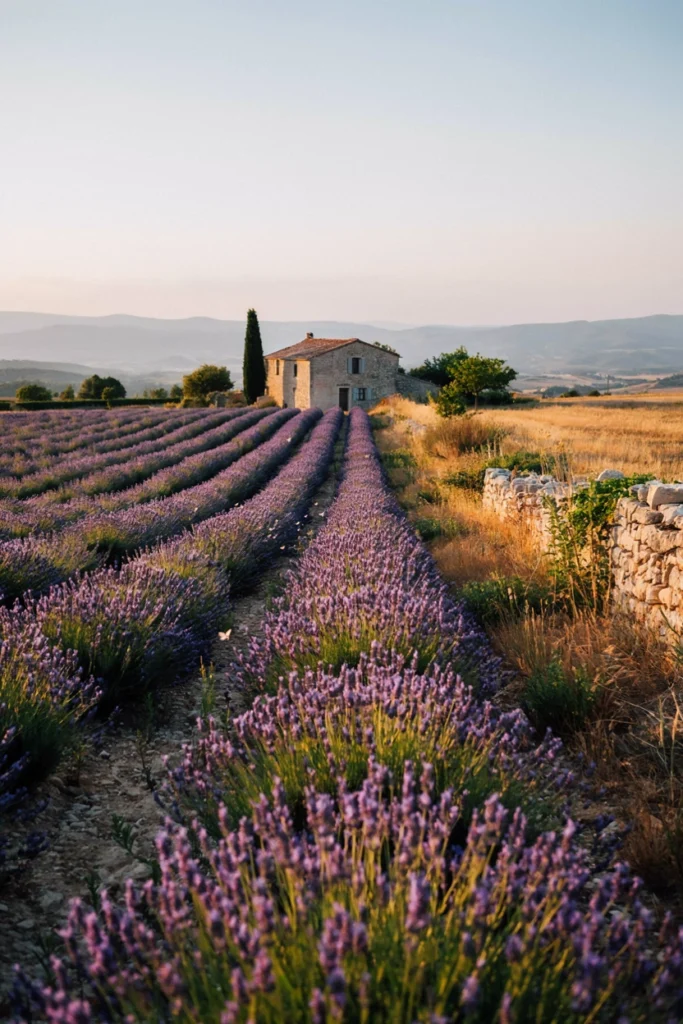 A couple standing in an actual field of blooming lavender rows at golden hour with the bride's veil catching the breeze