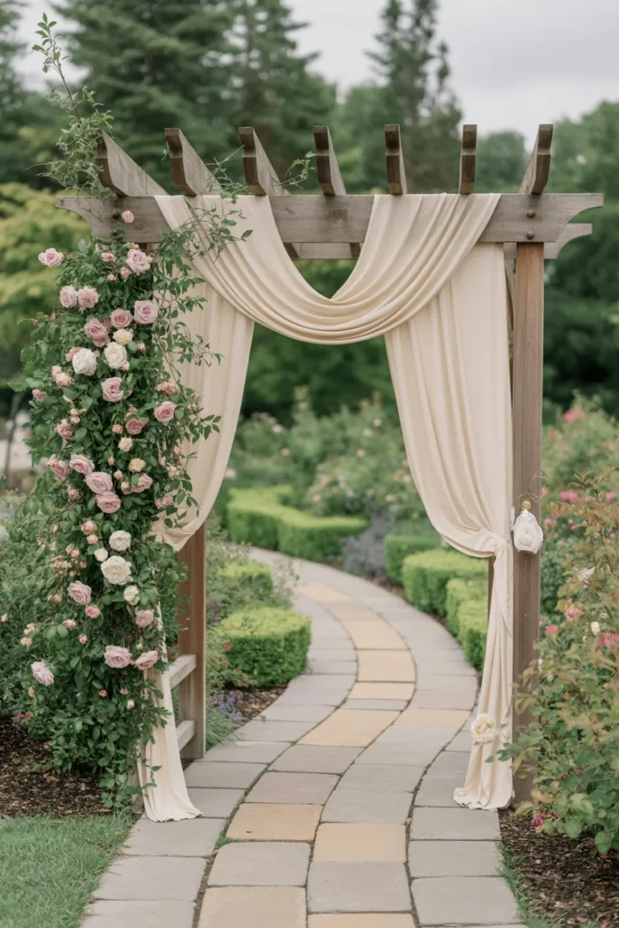 Sheer White Draped Arbor Catching Sunset Light