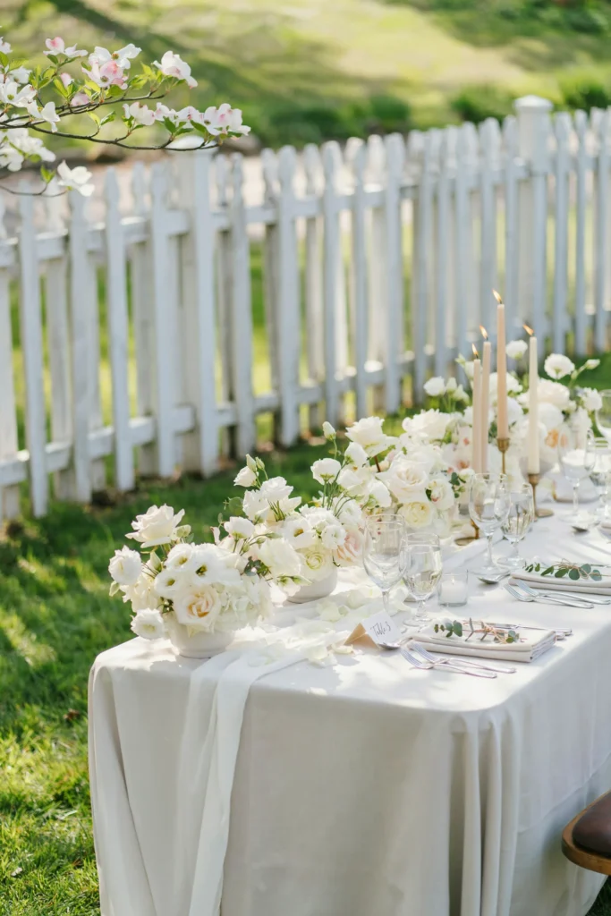 Reception tables with white linens, white centerpieces of white garden roses and white lisianthus, white candles, clear glassware, and white napkins — photographed in natural afternoon light against a white fence