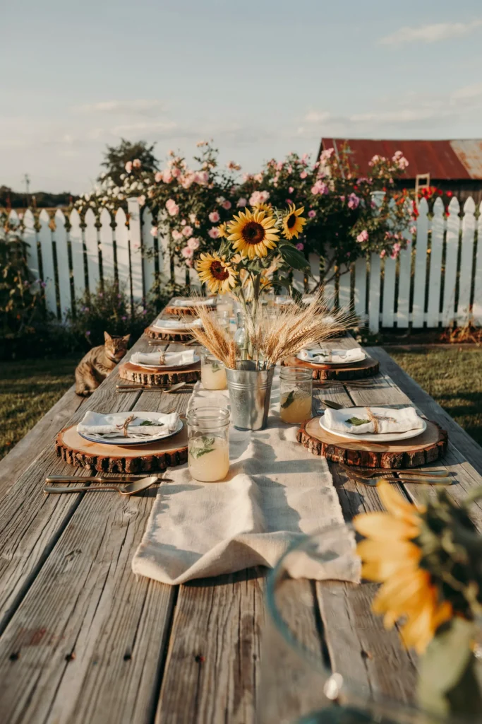 Farmhouse-style outdoor table with large wood slice chargers, sunflower and wheat grass centerpieces in galvanized buckets, burlap table runner, and mason jar glasses — warm summer afternoon light