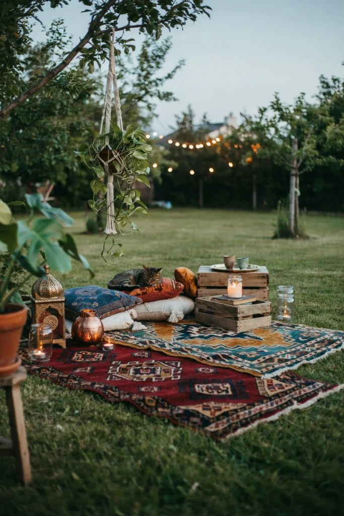 Outdoor lounge corner with floor cushions, kilim rugs layered on the grass, low wooden crates used as tables, trailing macramé, and a cluster of candle lanterns — warm, cozy, unconventional