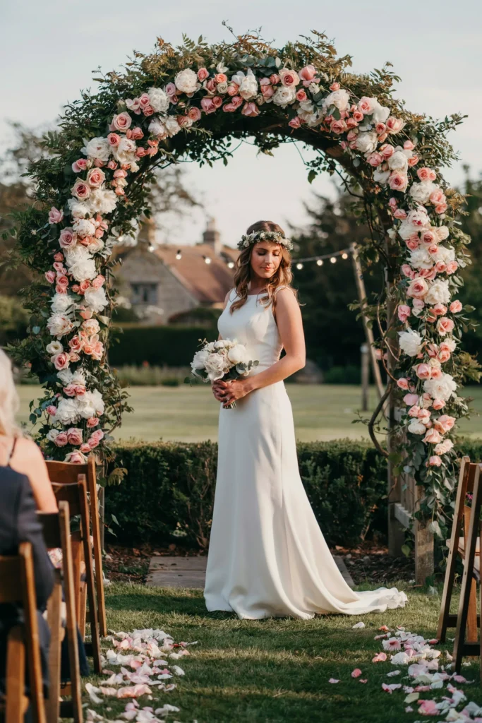  Bride in a flowing dress wearing a delicate floral crown with small white blooms and greenery, standing beneath a garden arch wrapped in soft pink roses, white peonies, and trailing ivy at a backyard ceremony