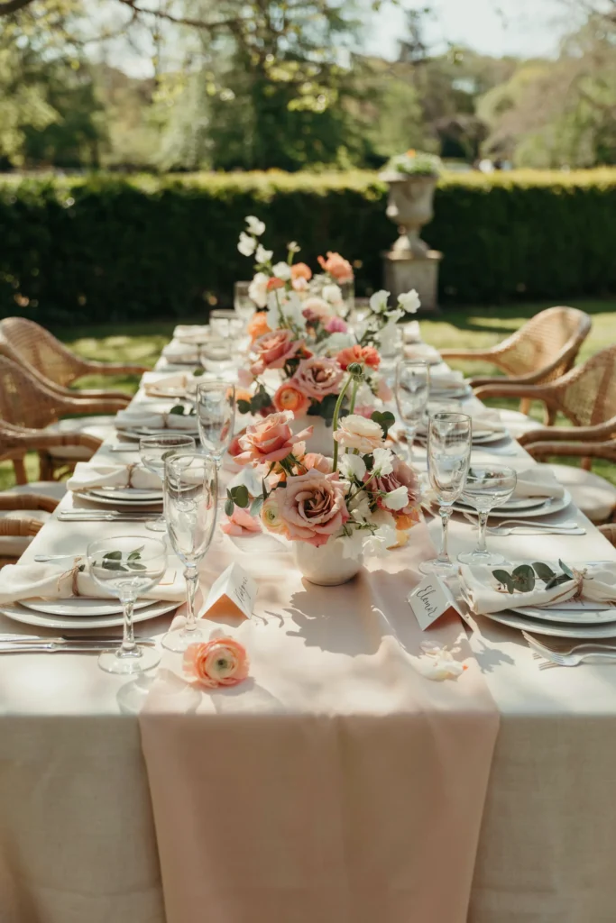 Outdoor reception table dressed in soft blush linen with clusters of pale pink garden roses, peach ranunculus, and white sweet peas in low compote vessels — bright daylight, wicker chairs, delicate glassware