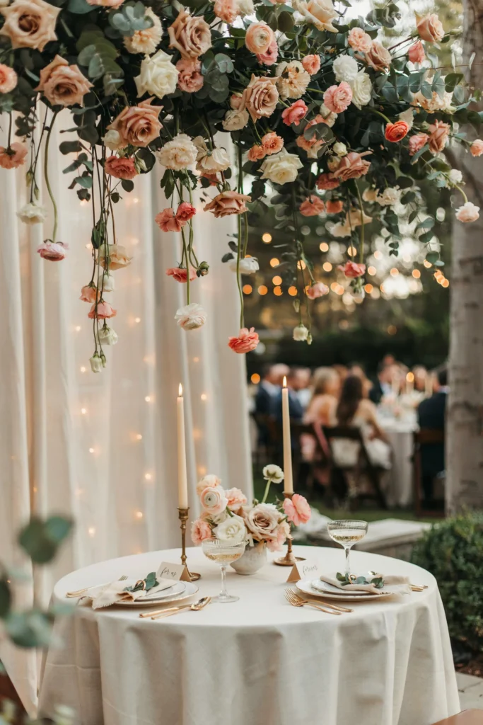 A sweetheart table for two beneath a suspended installation of fresh flowers and greenery — roses, ranunculus, and eucalyptus — hanging from an overhead structure at varying lengths, creating a cascading floral ceiling above the couple
