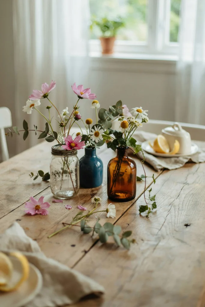 Low rustic centerpieces in mismatched vintage vessels — mason jars, short bud vases, amber bottles — filled with wildflowers: cosmos, daisies, chamomile, and loose greenery scattered across a wooden table