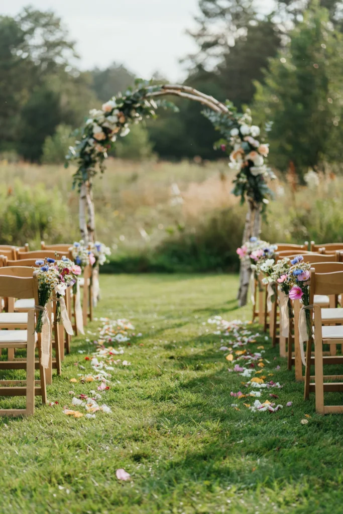A ceremony aisle on a lawn with loose wildflower petals — pink, white, and yellow — scattered across the grass, small posies of wildflowers tied to the end chairs with linen ribbon, and a simple floral arch ahead