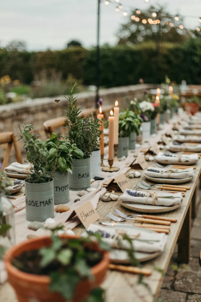 Outdoor reception table with potted herb centerpieces in recycled tin cans, linen napkins tied with raffia, beeswax candles, seed packet favors, and handwritten place cards on kraft paper — intentionally simple and beautiful