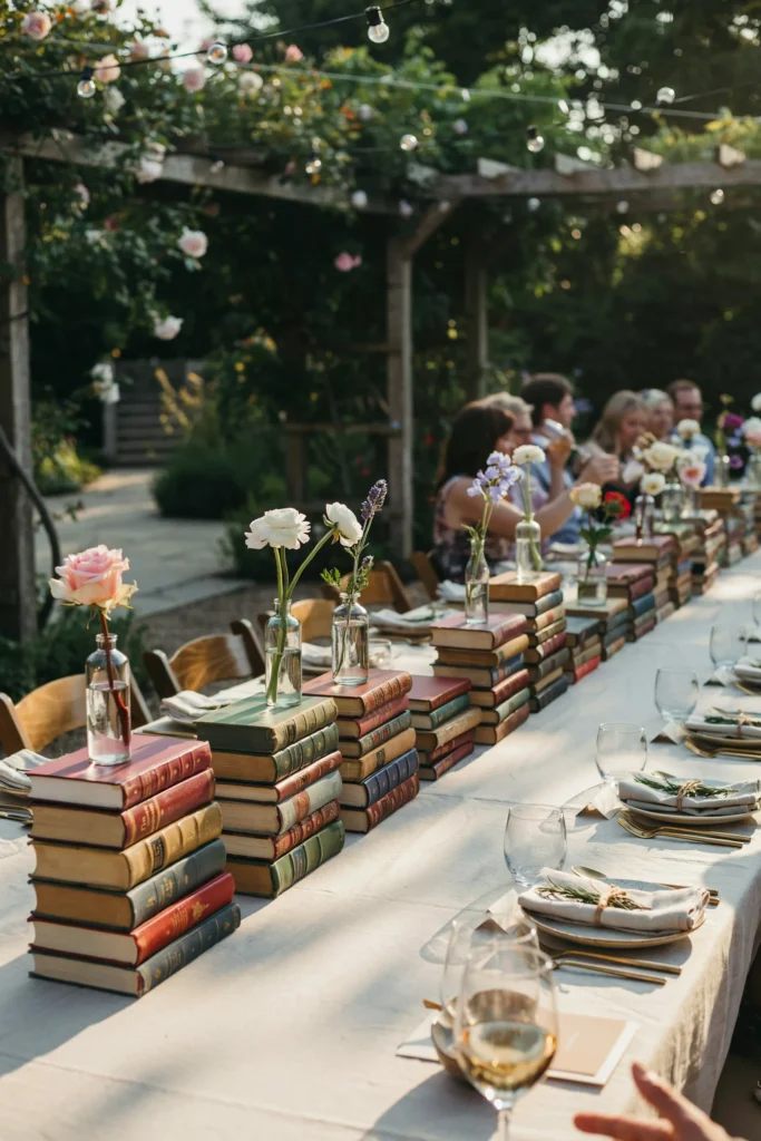Table centerpieces made of stacked vintage hardback books in coordinating colors, with a single bud vase of fresh flowers on top — photographed in afternoon light at a literary-themed garden reception
