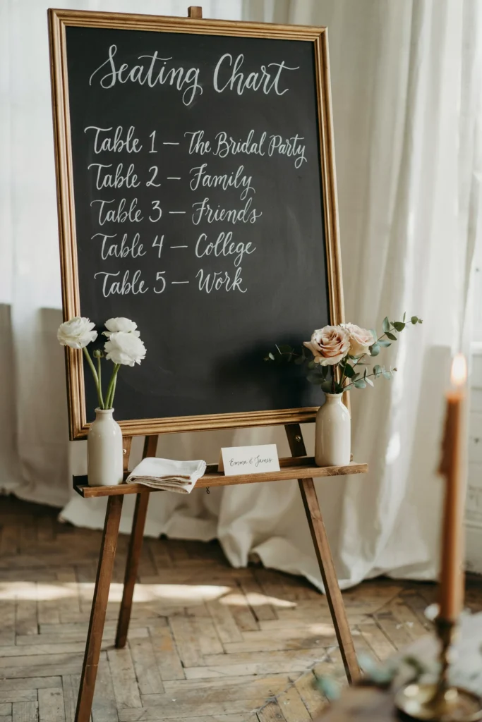 A large chalkboard on a vintage gold easel at the entrance to the reception, with a hand-lettered seating chart in elegant script, flanked by small flower arrangements in bud vases